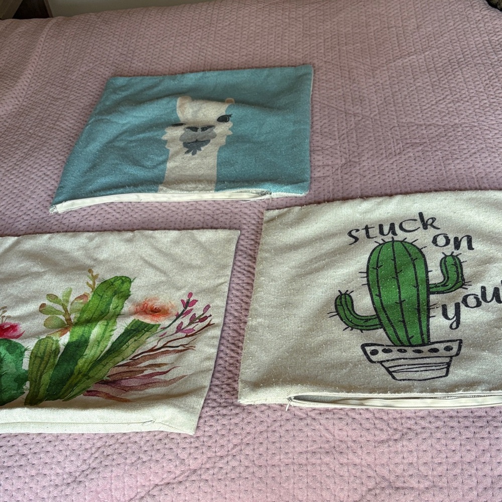 Set of 3 Decorative Pillow Covers - Cactus & Floral Designs - Green, Cream, Blue